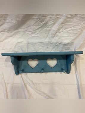 Vintage Wooden Heart Double Cutout Wall Shelf Rustic Country Cottage Core Blue